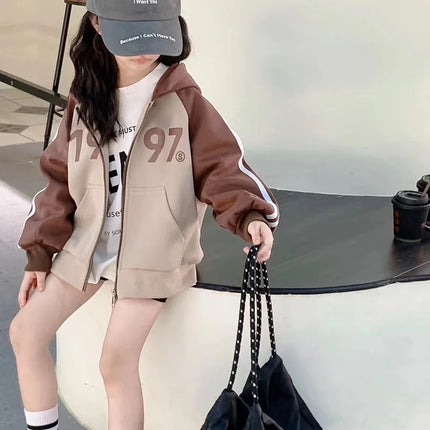 Spring Autumn Girls Cotton Contrast Striped Zip Sweatshirt Jacket School Kids Track Hoodie Child Work Jumper Coat Tops 3-16Years
