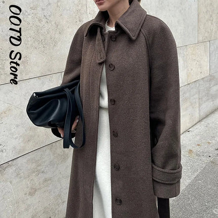 Elegant Stand Collar Overcoat Women Single Breasted Full Sleeve Solid Long Loose Coats 2025 Autumn Winter Chic Warm Lady Outwear