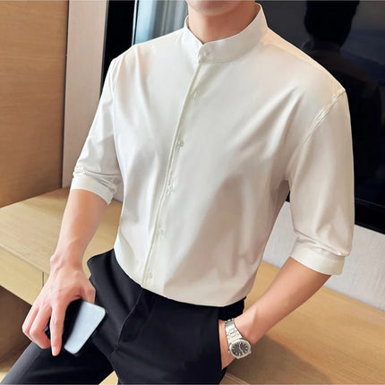 High Quality Chinese Style Stand Up Neck Shirt Men's Summer Mid Sleeved Slim Fit Casual Social Business Blouse Homme 4XL-M