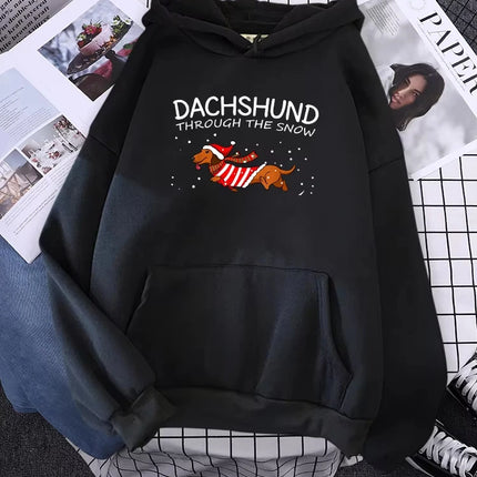 Dachshund Through The Snow Funny Dog Christmas Women Hoody Yule Gift Fashion Loose Pullover Autumn Pocket Sportswear Male Hoodie