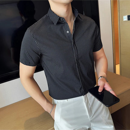 2024 Summer Fashion Vertical Striped Shirts Luxury Men's Hidden Button Short Sleeved Slim Fit Casual Business Shirt Men Clothing