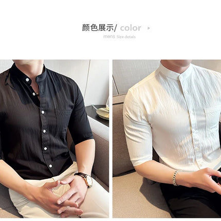 Summer New Chinese Style Stand Up Collar Shirt High Quality Slim Fit Half Sleeved Casual Social Party Shirt Men's Clothing 4XL-M