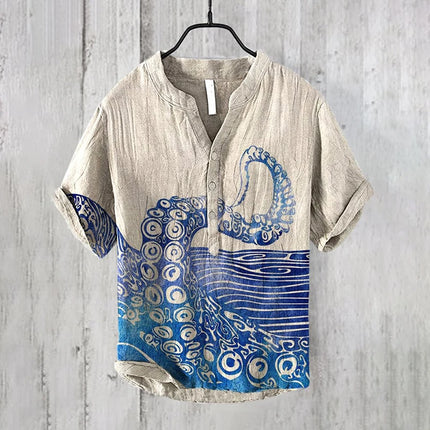 Cross-border foreign trade men's summer 3D printed octopus print shirt casual loose linen short-sleeved shirt T-shirt