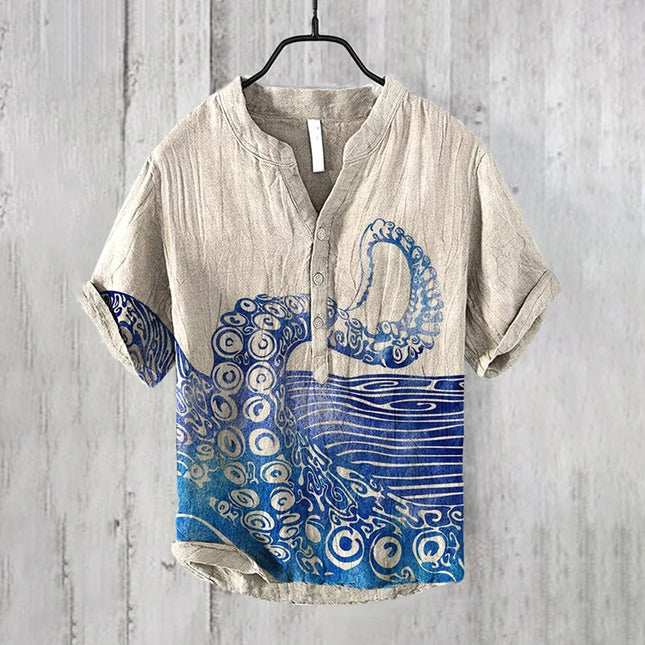 Cross-border foreign trade men's summer 3D printed octopus print shirt casual loose linen short-sleeved shirt T-shirt