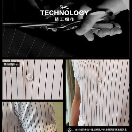 High Quality Ice Silk Traceless Striped Shirt Men's Summer Short Sleeve Slim Casual Business Shirts Tuxedo Men Clothing 4XL-M