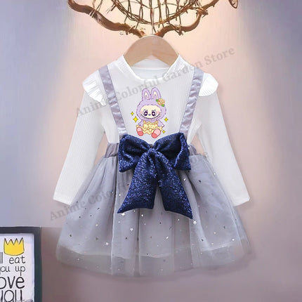 Labubu Cute Mesh Bow Dress for Children Anime Cartoon Kawaii One-piece Dresses Girls Spring New Sweet Fake Two Dress Strap Skirt