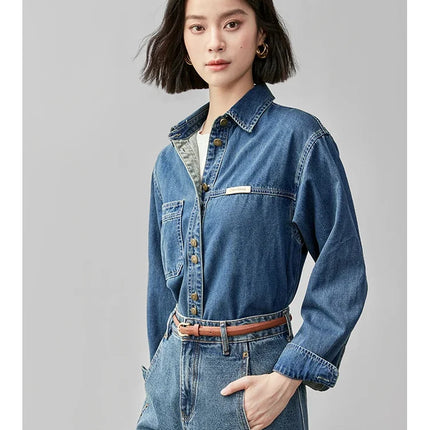SENTUBILA 100% Cotton Washed Denim Jacket for Women 2025 Spring Retro Loose Patchwork Pockets Leather Logo Coat W43C56148