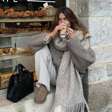Chic Single Breasted V-neck Oversized Jackets Women's Fashion Solid Long Sleeve Warm Woolen Coats 2024 Lady Casual Streetwear
