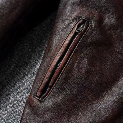 Vintage Black Brown Real Cowhide Genuine Leather Jacket Real Fur Men's Leather Jacket Bomber Men Leather Jacket Motorcycle Coat