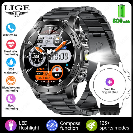 LIGE New 800mAh Super Capacity Battery Men Smart Watch 1.53" HD Bluetooth Call Compass LED Flashlight IP68 Sports Smartwatch Man