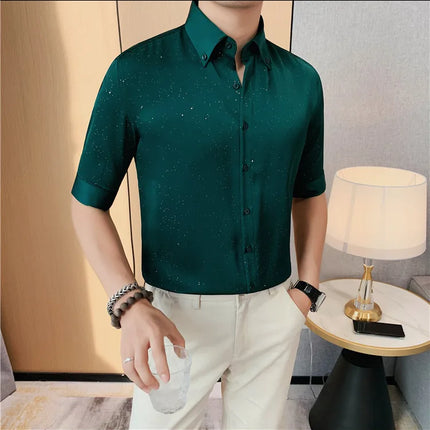 Summer New Powder Shiny Shirts Fashion Men's V-neck Half Sleeve Slim Fit Casual Shirts Social Personality  Top Club Outfits