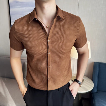 2024 Summer Waffle Shirt Luxury Men's Slim Fit Casual Short Sleeved Business Versatile Dress Shirt Men Clothing Plus Size 4XL-M