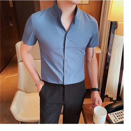 Men's Summer Fashion Stand Collar Business Casual Short Sleeve Shirt Luxury Slim Fit Solid Dress Shirt Brand Men Clothes 5XL-M