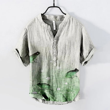 Men's Summer V-neck Henley Short Sleeve Shirt Men's Casual Shirt Moon View Moonlight 3D Printed Short Sleeve Linen T-Shirt Top