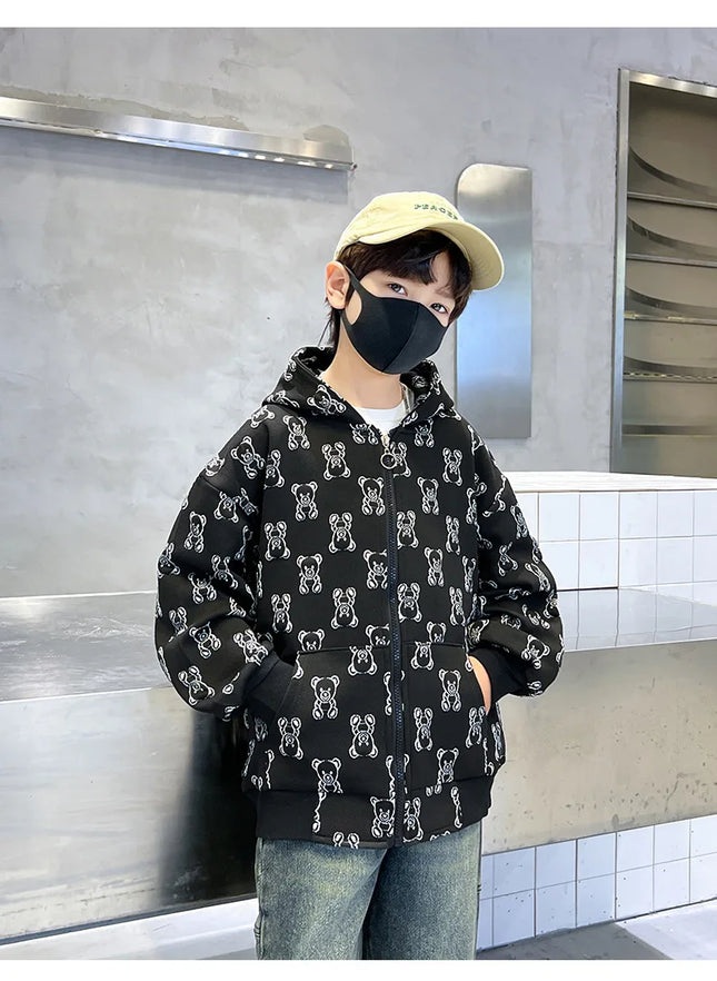 Spring Autumn Boys All-Over Printed Zip Sweatshirt Jackets School Kids Track Hoodie Coat Child Outfit Tops Workout Jumper 3-14Yr