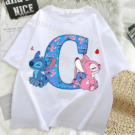 Disney Stitch T-shirts for Women Men Anime Letter A-Z Printed Short Sleeved Shirt Female Male Summer Fashion Top Adults Clothes