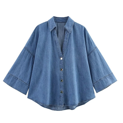 TRAFZA Vintage Casual Chic Women Cowboy Suit Single Breasted Loose Jackets Long Pants Fashion 2025 Spring Summer Denim Suits