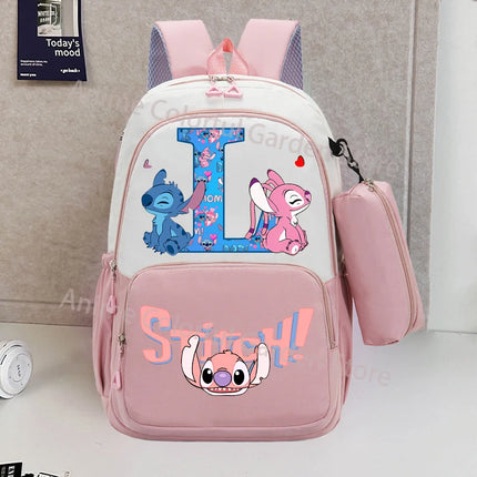 Disney Stitch Backpack with Pencil Bag for Students Anime High-capacity Schoolbag Boys Girls Letter A-Z Printed Backpacks Gifts