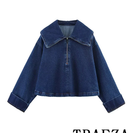 TRAFZA Vintage Casual Chic Women Cowboy Suit Zipper Loose Jackets Long Pockets Pants Fashion 2025 Spring Summer Denim Suits