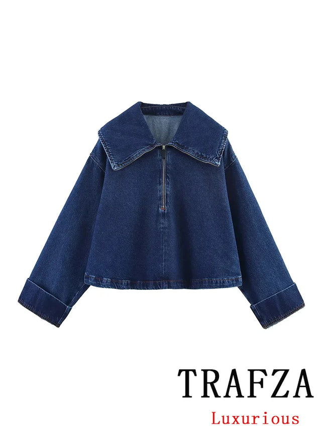 TRAFZA Vintage Casual Chic Women Cowboy Suit Zipper Loose Jackets Long Pockets Pants Fashion 2025 Spring Summer Denim Suits