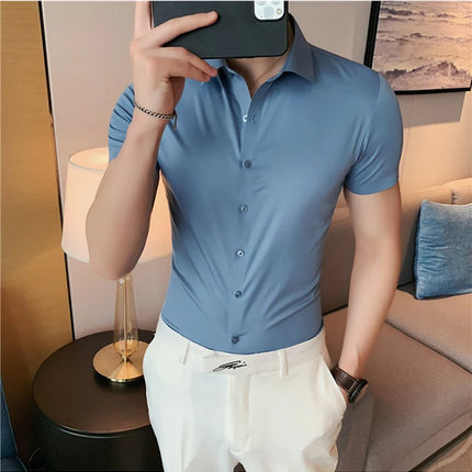 2025 Summer Ice Silk Seamless Shirt High Quality Silky Smooth Short Sleeve Slim Casual Business Tuxedo Shirts Mens Clothing 4XL