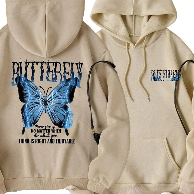 Never Give Up Butterfly Picture Print Girls Hoodie Spring Autumn Wide Ladies Loose Casual Hooded Sportswear Basic Clothing