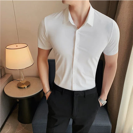 6 Colors Summer Ice Silk No Trace High Elasticity Shirt Men High Quality Short Sleeve Slim Fit Casual Business Dress Shirt 4XL-M