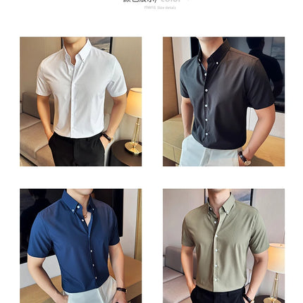 Plus Size 4XL-M High Quality Bamboo Fiber Fabric Dark Stripes Shirts Men Summer Slim Fit Casual Thin Breathable Social Shirt