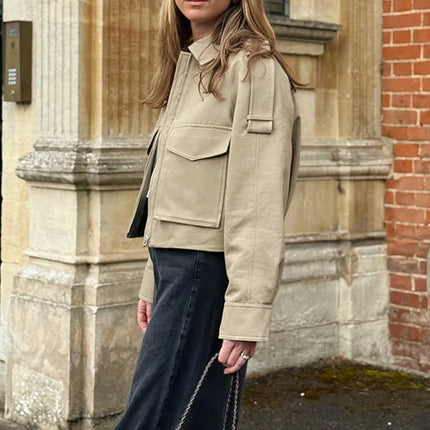 Vintage Women's Short Jacket Pockets Zipper Full Sleeve Khaki Green Thick Coats 2025 Spring Autumn Lady Loose Street Outwear
