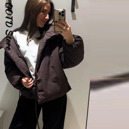 Fashion Lace Up Brown Cotton Jacket Women Loose Stand Collar Full Sleeve Thick Coat 2025 Autumn Winter Lady Warm Street Outwear