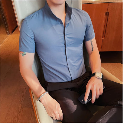Men's Summer Fashion Stand Collar Business Casual Short Sleeve Shirt Luxury Slim Fit Solid Dress Shirt Brand Men Clothes 5XL-M