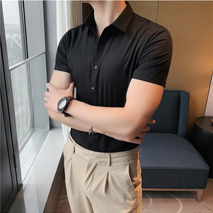 2025 Summer Ice Silk Seamless Shirt High Quality Silky Smooth Short Sleeve Slim Casual Business Tuxedo Shirts Mens Clothing 4XL