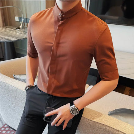 Summer New Standing Collar Half Sleeve Shirts For Men Invisible Button Up Design Slim Casual Business Social Shirt Club Outfits