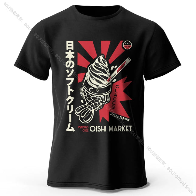 Japanese Foodie Print 100% Cotton T-Shirt, Soft & Breathable Round Neck Short Sleeve Tee, Unisex Cute & Cultural Style