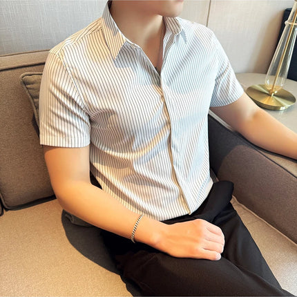 2024 Summer Fashion Vertical Striped Shirts Luxury Men's Hidden Button Short Sleeved Slim Fit Casual Business Shirt Men Clothing