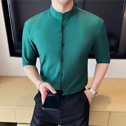 High Quality Chinese Style Stand Up Neck Shirt Men's Summer Mid Sleeved Slim Fit Casual Social Business Blouse Homme 4XL-M