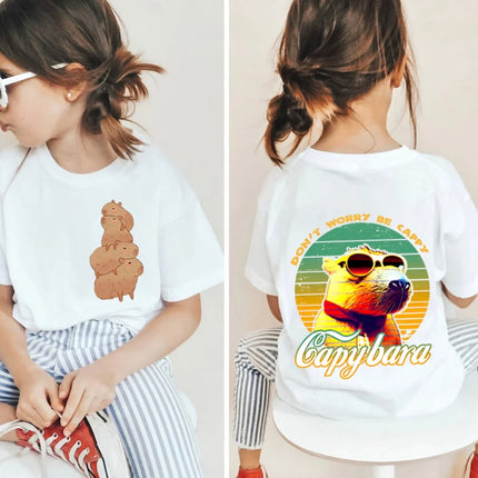 Kawaii Capybara Lovers Kids T-Shirt Short-Sleeved White T-Shirts Cartoon Tees Summer Children Top Crew Neck Children's Clothing