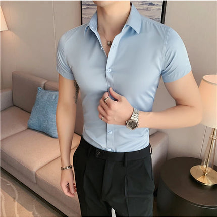 New Summer Men's Short Sleeve Shirt Fashion Business Slim Solid Color Shirt Formal Social Party Casual Dress Men's Clothing 7XL