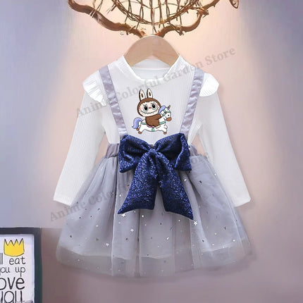 Labubu Cute Mesh Bow Dress for Children Anime Cartoon Kawaii One-piece Dresses Girls Spring New Sweet Fake Two Dress Strap Skirt