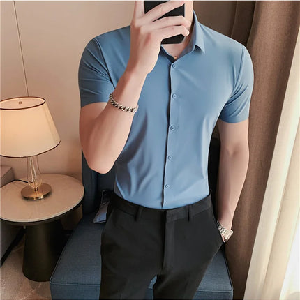 6 Colors Summer Ice Silk No Trace High Elasticity Shirt Men High Quality Short Sleeve Slim Fit Casual Business Dress Shirt 4XL-M