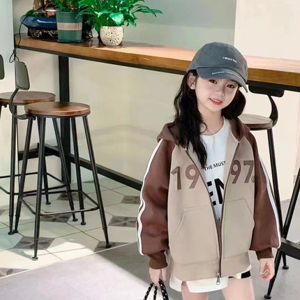 Spring Autumn Girls Cotton Contrast Striped Zip Sweatshirt Jacket School Kids Track Hoodie Child Work Jumper Coat Tops 3-16Years