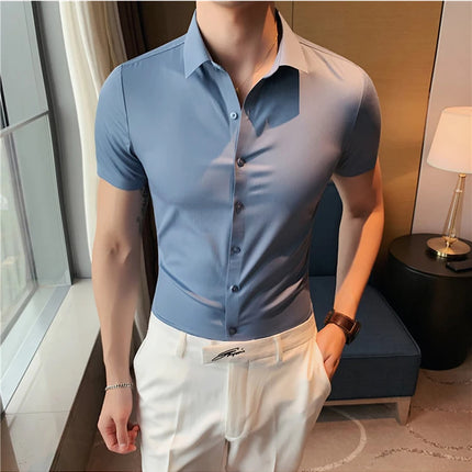 2025 Summer Ice Silk Seamless Shirt High Quality Silky Smooth Short Sleeve Slim Casual Business Tuxedo Shirts Mens Clothing 4XL