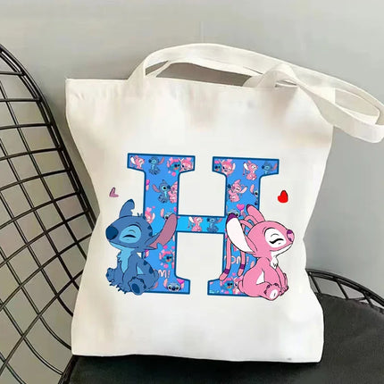 Disney Stitch Fashion Canvas Tote Bag for Women Anime Letter A-Z Printed Shoulder Bag Students Commute Portable Handbags Gifts
