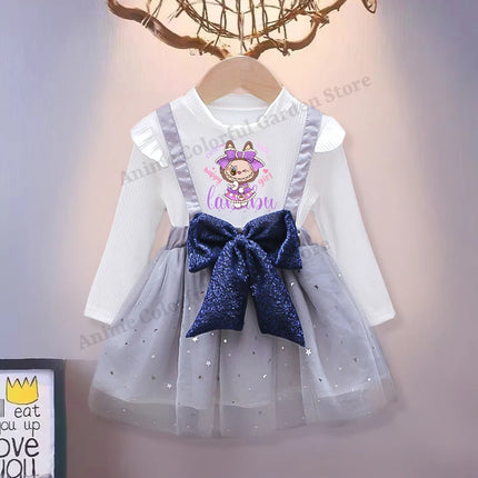 Labubu Cute Mesh Bow Dress for Children Anime Cartoon Kawaii One-piece Dresses Girls Spring New Sweet Fake Two Dress Strap Skirt