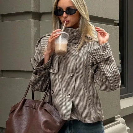 Talenza Autumn Winter Women Jacket Vintage Plaid Fashion Stand Collar Button-Up Coats New Streetwear Commuter Female Outerwear