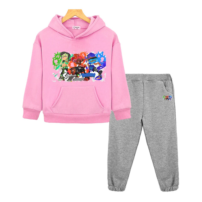 Splatoon anime hoodie Fleece sweatshirt Cartoon jacket  2pcs pullover+Pant boys girls Sports Hooded Sets kids boutique clothes