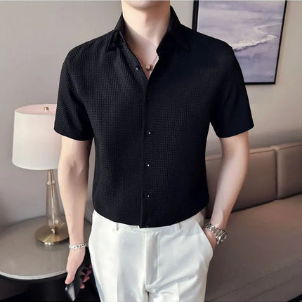 2023 Summer Waffle Short Sleeved Shirt Men Fashion Casual Solid Color Lapel Loose Shirt Male Korean Social Business Dress Blouse