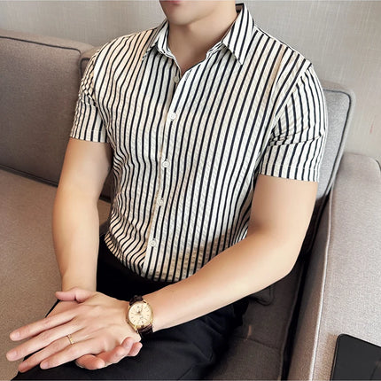 2025 Summer Fashion Vertical Striped Shirts Luxury Men's Short Sleeved Slim Fit Casual Pleated Business Shirt Men Clothing 4XL-M