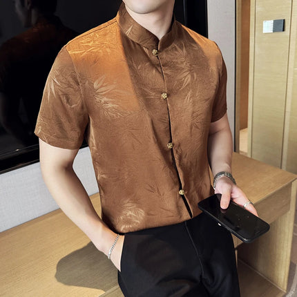 2024 Summer Chinese Style Standing Collar Shirts For Men Fashion Print Short Sleeve Slim Fit Casual Social Party Tuxedo 4XL-M