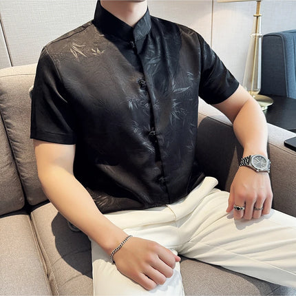 2024 Summer Chinese Style Standing Collar Shirts For Men Fashion Print Short Sleeve Slim Fit Casual Social Party Tuxedo 4XL-M